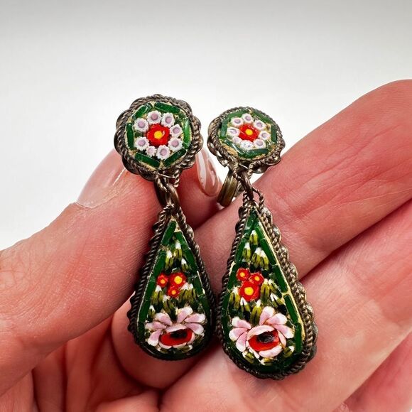 Jewelry - SALE! Vintage micro mosaic “made in Italy” brass screw back dangle earrings!